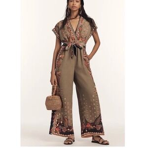 RANNA GILL Linen Blend V Neck Printed Wrap Wide Leg Jumpsuit Size Large